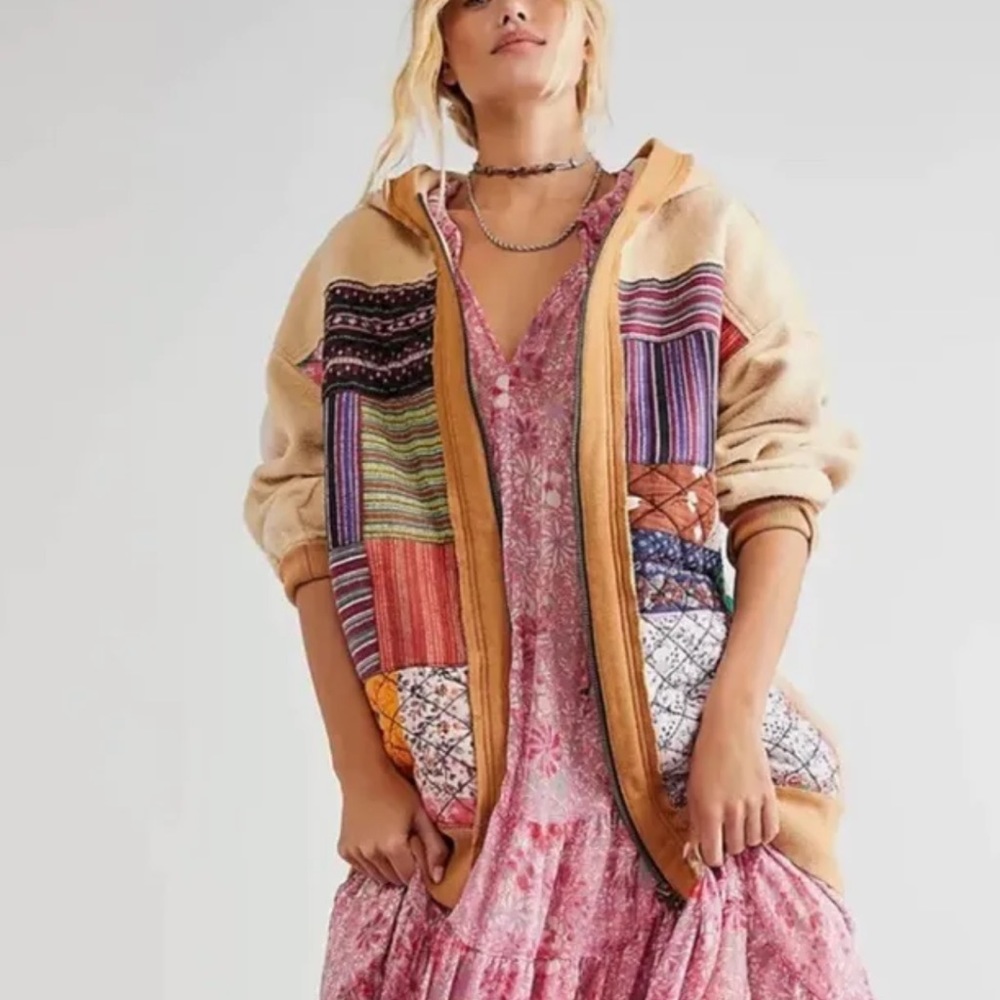 FREE PEOPLE Rhodes Patchwork zip up Hoodie/Jacket SZ. LARGE